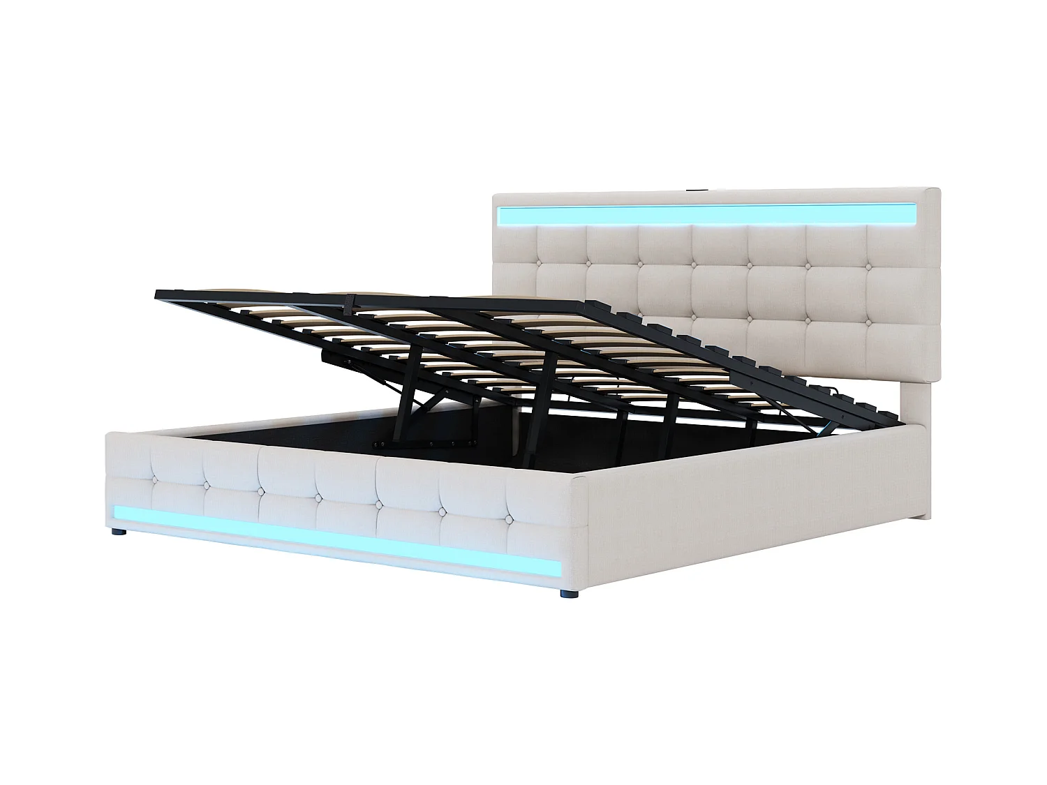 lit coffre adulte 180x200cm avec LED et USB, tête de lit réglable en hauteur, tissu en lin beige, sans matelas