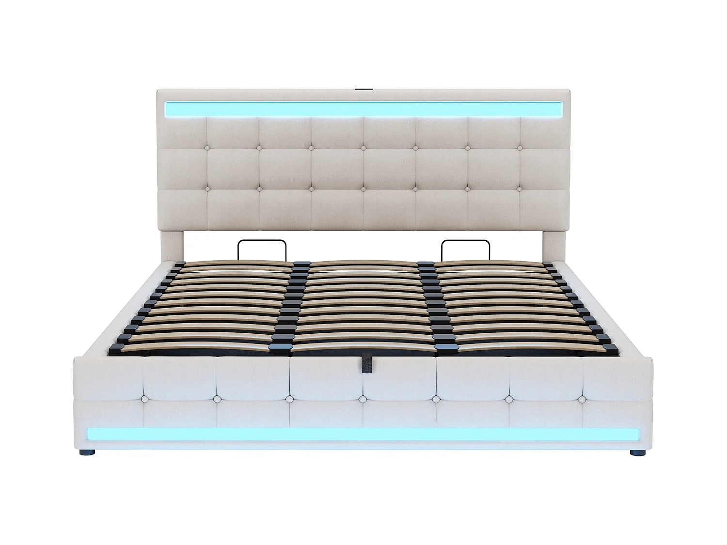 lit coffre adulte 180x200cm avec LED et USB, tête de lit réglable en hauteur, tissu en lin beige, sans matelas