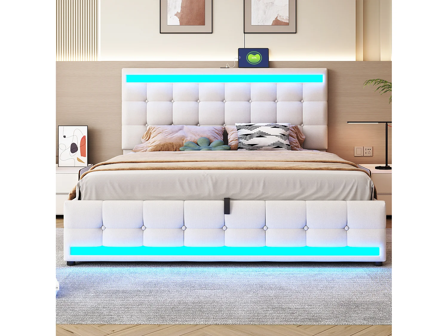 Letto contenitore per adulti 180x200cm con LED e USB, testiera regolabile in altezza, tessuto di lino beige, senza materasso