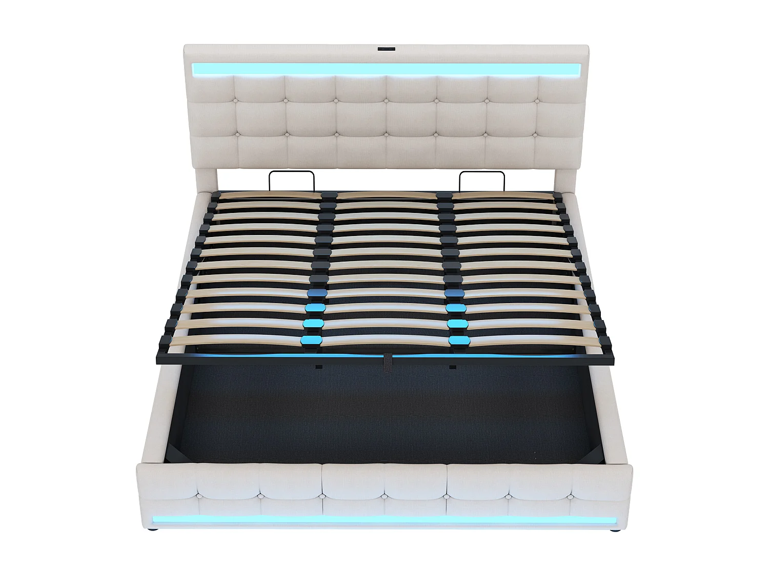 Letto contenitore per adulti 180x200cm con LED e USB, testiera regolabile in altezza, tessuto di lino beige, senza materasso