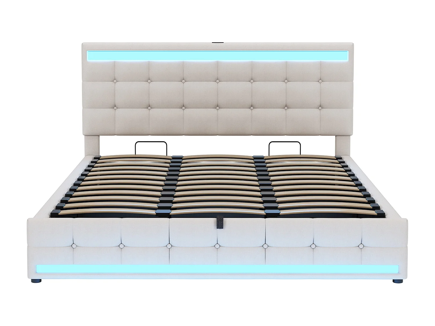 Letto contenitore per adulti 180x200cm con LED e USB, testiera regolabile in altezza, tessuto di lino beige, senza materasso