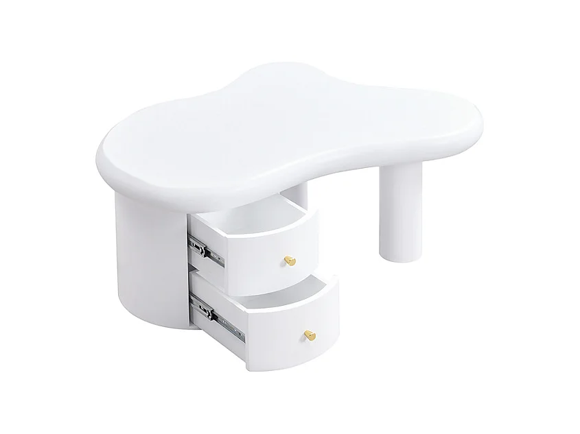 Tavolino 97x64x42cm con piano a forma di nuvola e 2 cassetti, laccato bianco