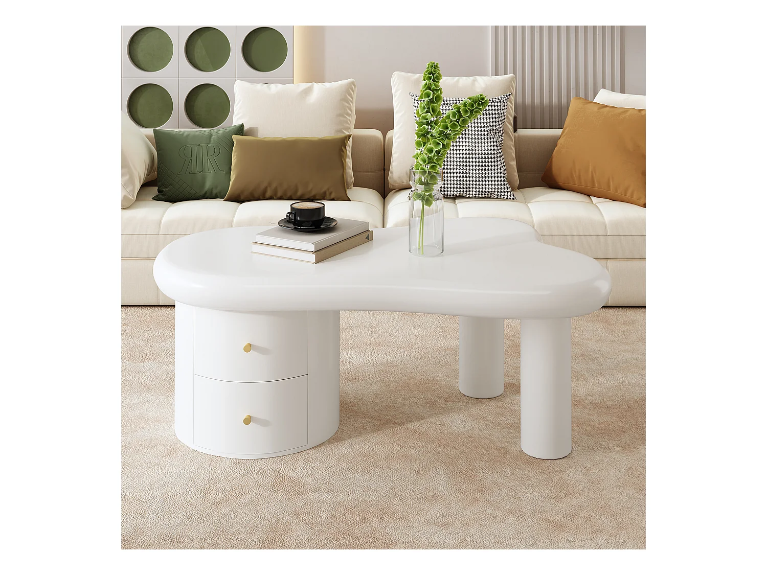 Tavolino 97x64x42cm con piano a forma di nuvola e 2 cassetti, laccato bianco