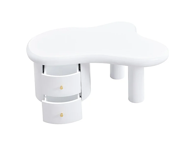 Tavolino 97x64x42cm con piano a forma di nuvola e 2 cassetti, laccato bianco
