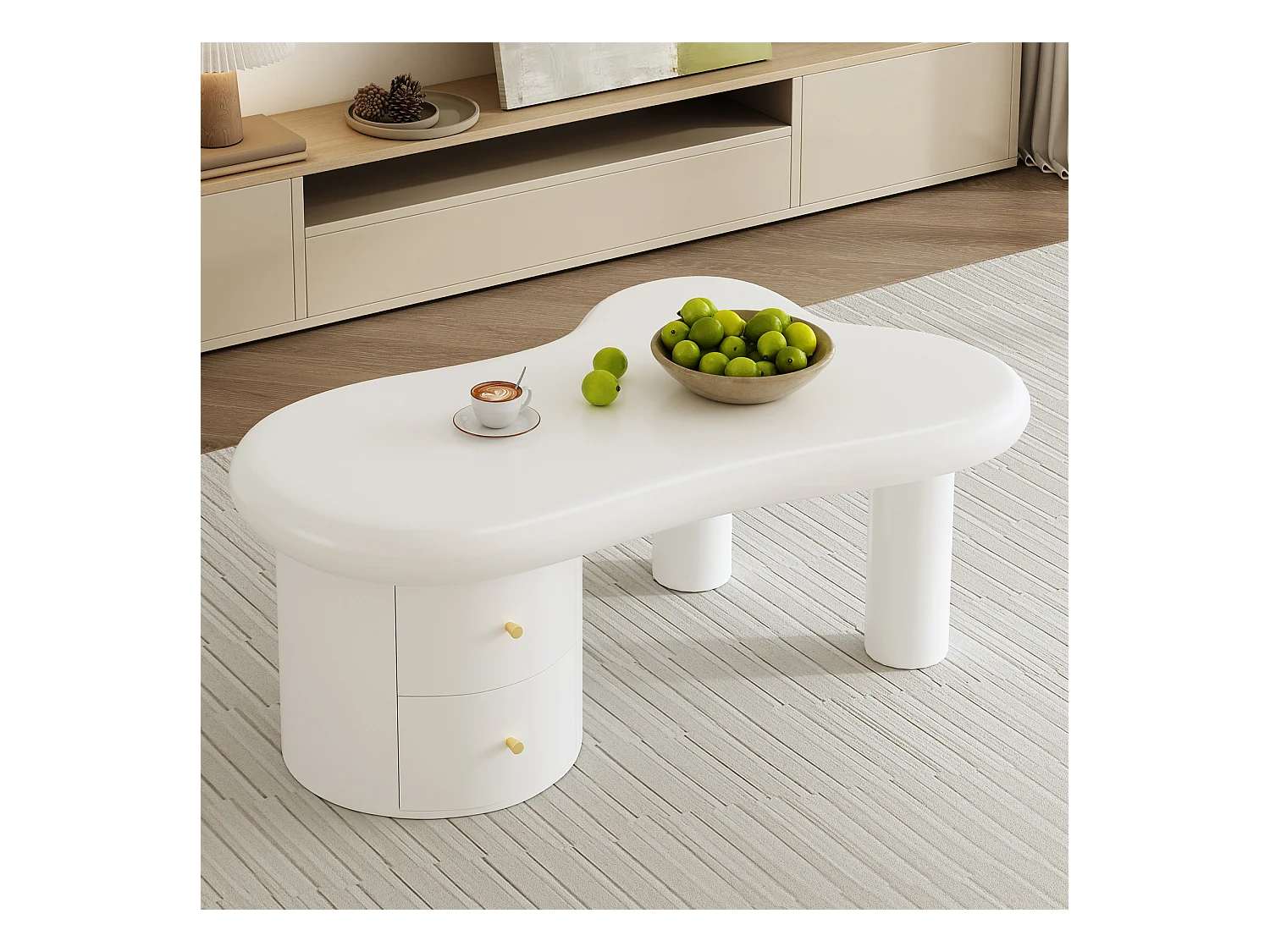 Table basse 97x64x42cm avec plateau en forme de nuage et 2 tiroirs, blanc laqué
