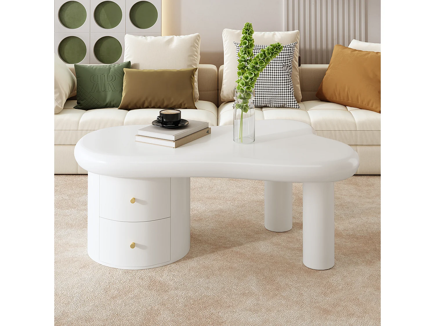 Table basse 97x64x42cm avec plateau en forme de nuage et 2 tiroirs, blanc laqué