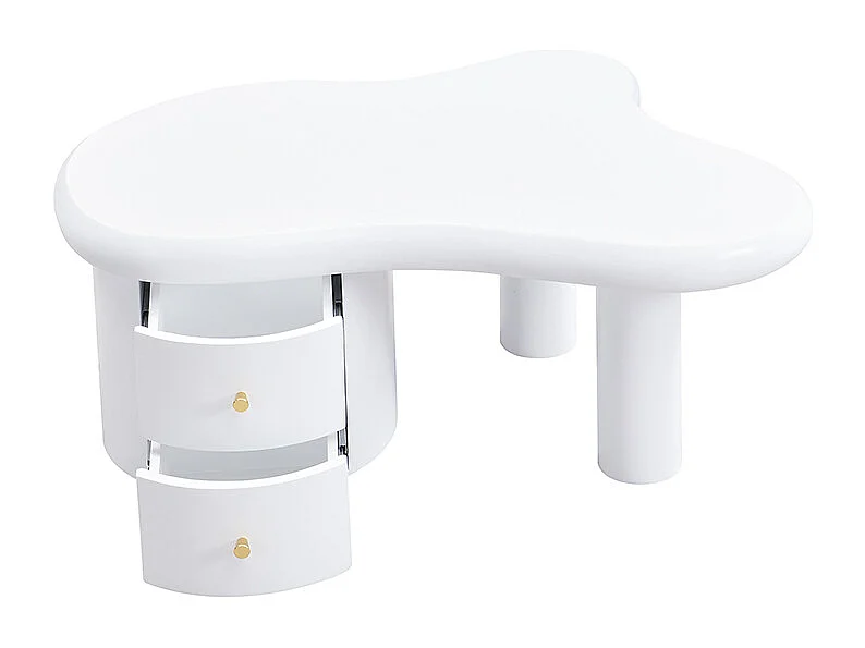 Table basse 97x64x42cm avec plateau en forme de nuage et 2 tiroirs, blanc laqué