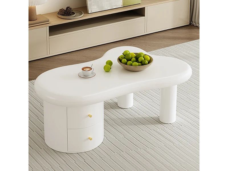 Salontafel 97x64x42cm met wolkvormig blad en 2 lades, wit gelakt