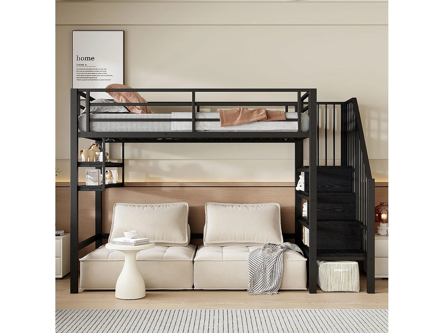 Letto a soppalco per bambini 90x200cm in metallo nero, con scale e ripiani portaoggetti, rete inclusa, senza materasso