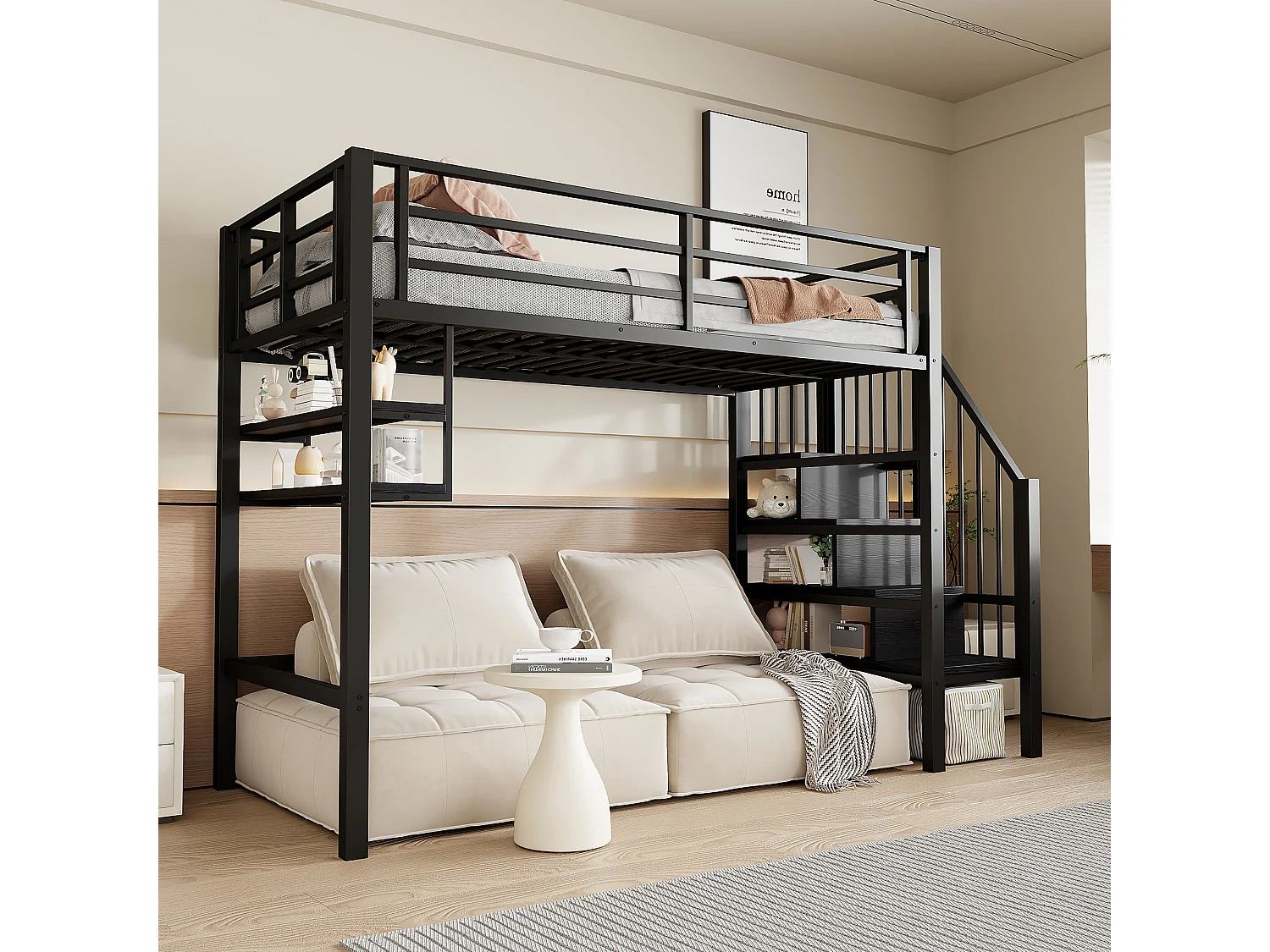 Letto a soppalco per bambini 90x200cm in metallo nero, con scale e ripiani portaoggetti, rete inclusa, senza materasso