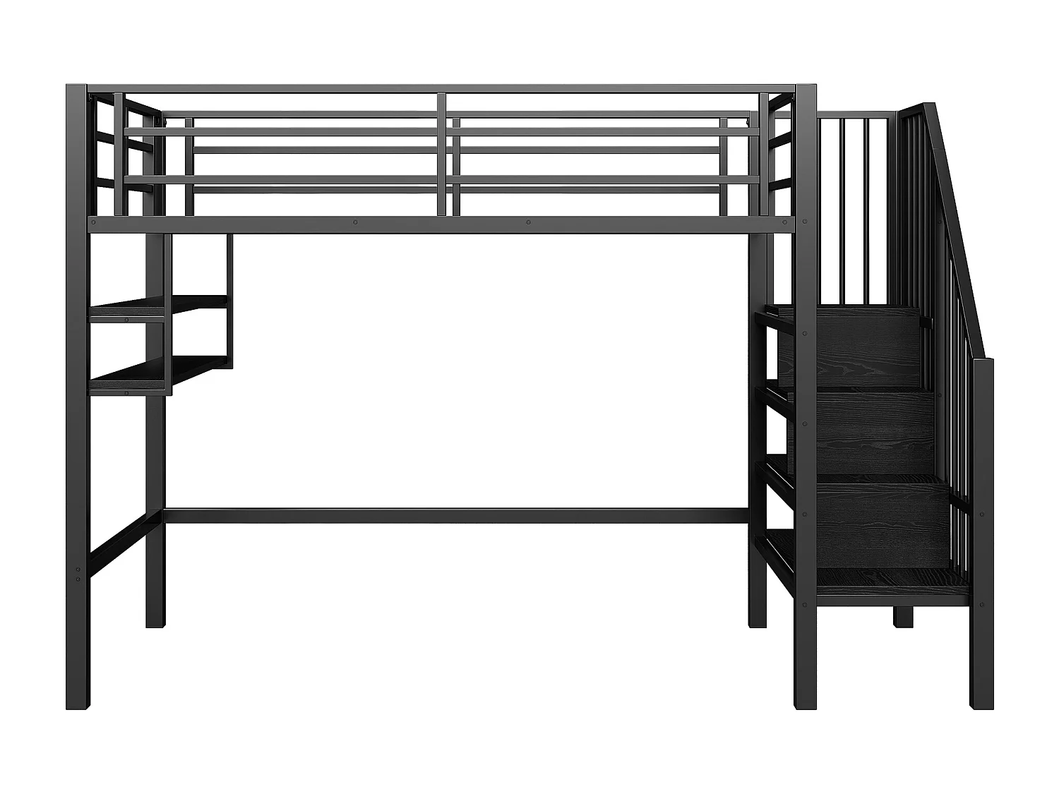 Letto a soppalco per bambini 90x200cm in metallo nero, con scale e ripiani portaoggetti, rete inclusa, senza materasso