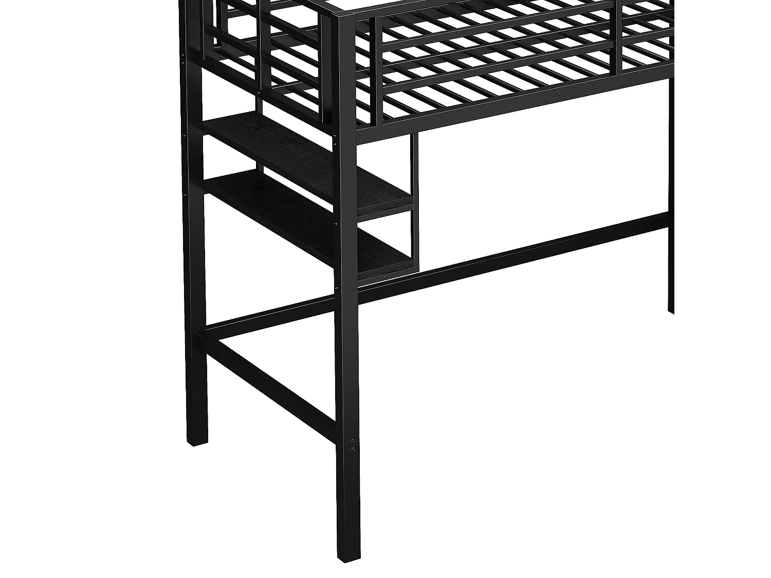 Letto a soppalco per bambini 90x200cm in metallo nero, con scale e ripiani portaoggetti, rete inclusa, senza materasso