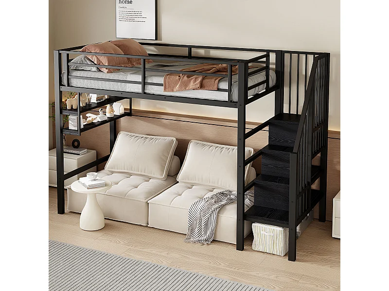 Letto a soppalco per bambini 90x200cm in metallo nero, con scale e ripiani portaoggetti, rete inclusa, senza materasso