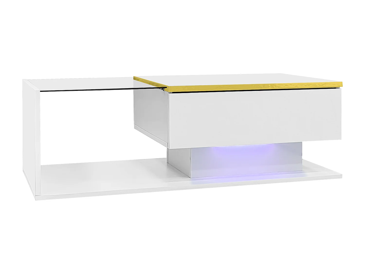 Rechthoekige salontafel 100x50x32,5cm met opbergvak, witte behuizing en glazen blad, LED inbegrepen