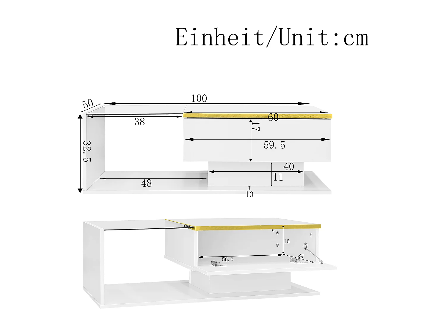 Rechthoekige salontafel 100x50x32,5cm met opbergvak, witte behuizing en glazen blad, LED inbegrepen