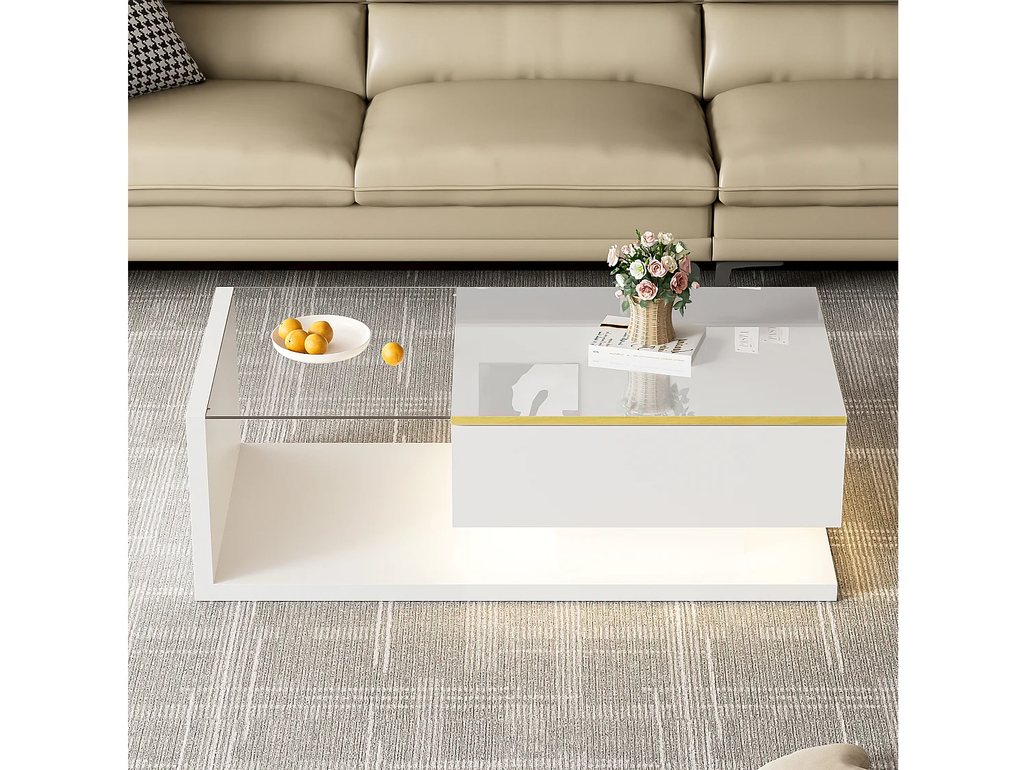 Rechthoekige salontafel 100x50x32,5cm met opbergvak, witte behuizing en glazen blad, LED inbegrepen