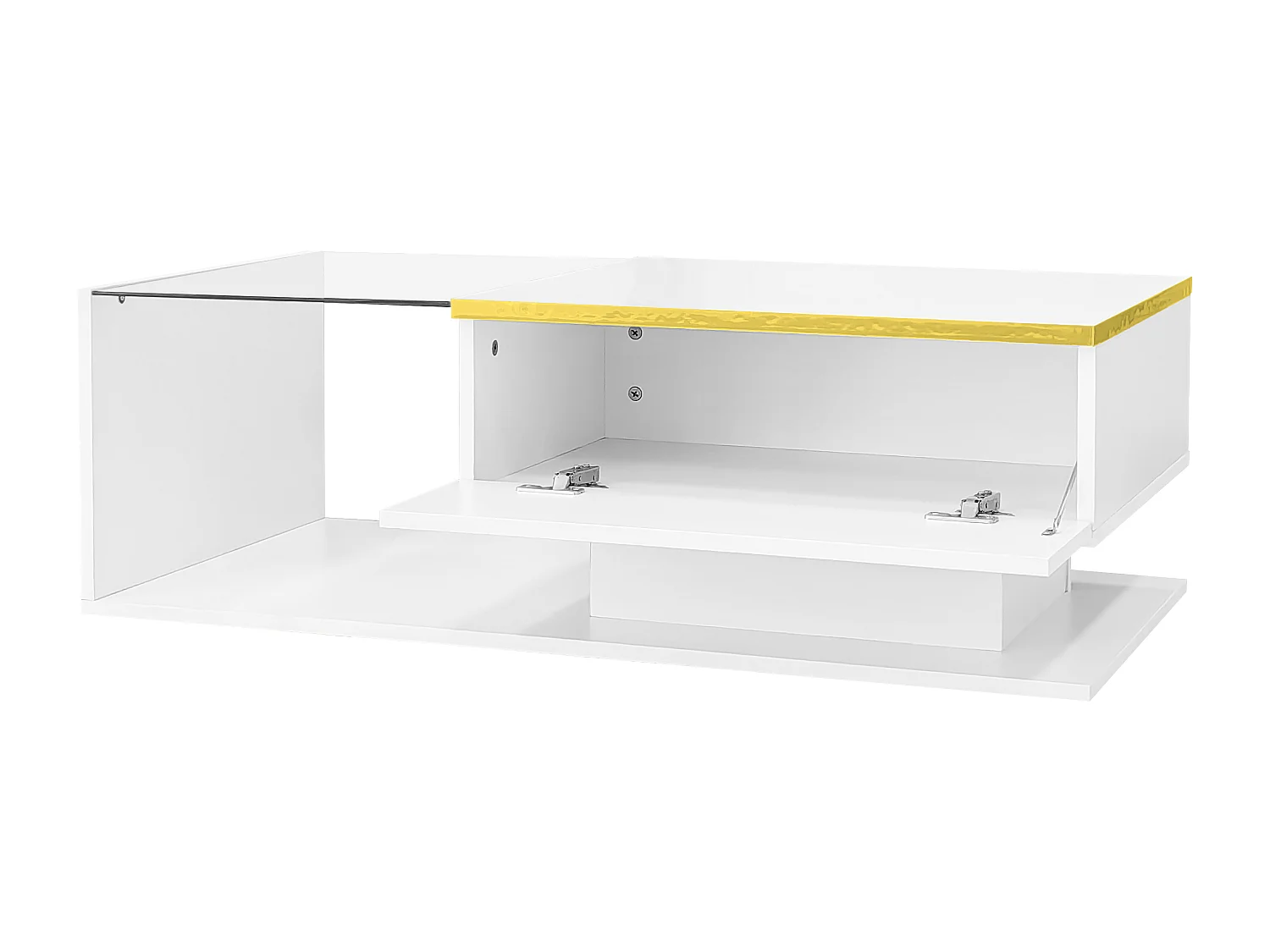 Rechthoekige salontafel 100x50x32,5cm met opbergvak, witte behuizing en glazen blad, LED inbegrepen