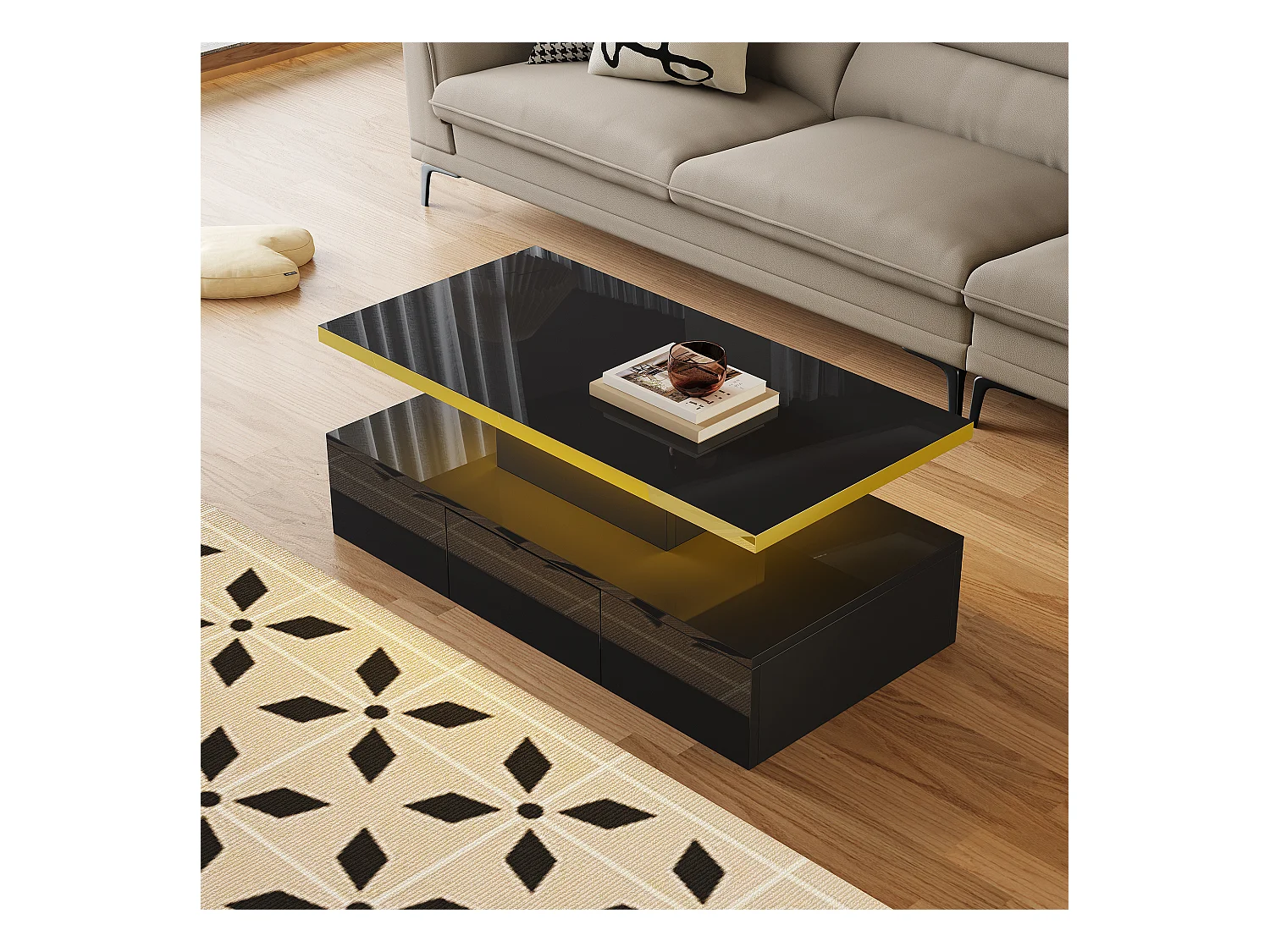 Rechthoekige salontafel 100x50x38,5cm met 1 lade en LED, Dubbel blad, body in glanzend zwart