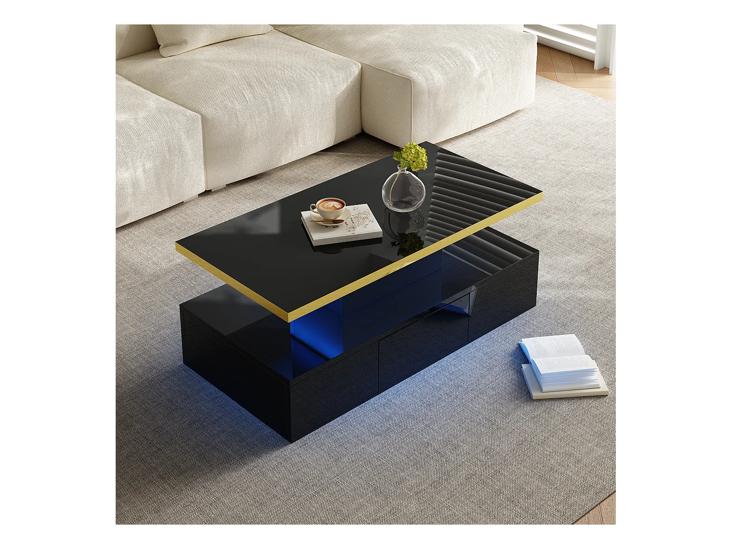 Table basse rectangle 100x50x38.5cm avec 1 tiroir et LED, Double plateau, corps en noir brillant