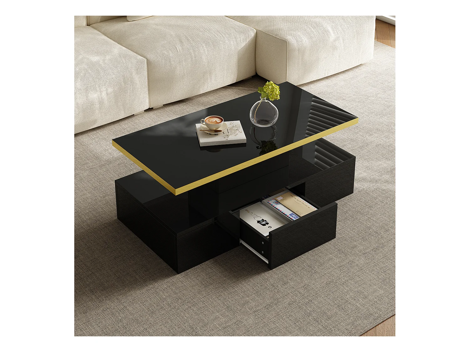 Table basse rectangle 100x50x38.5cm avec 1 tiroir et LED, Double plateau, corps en noir brillant