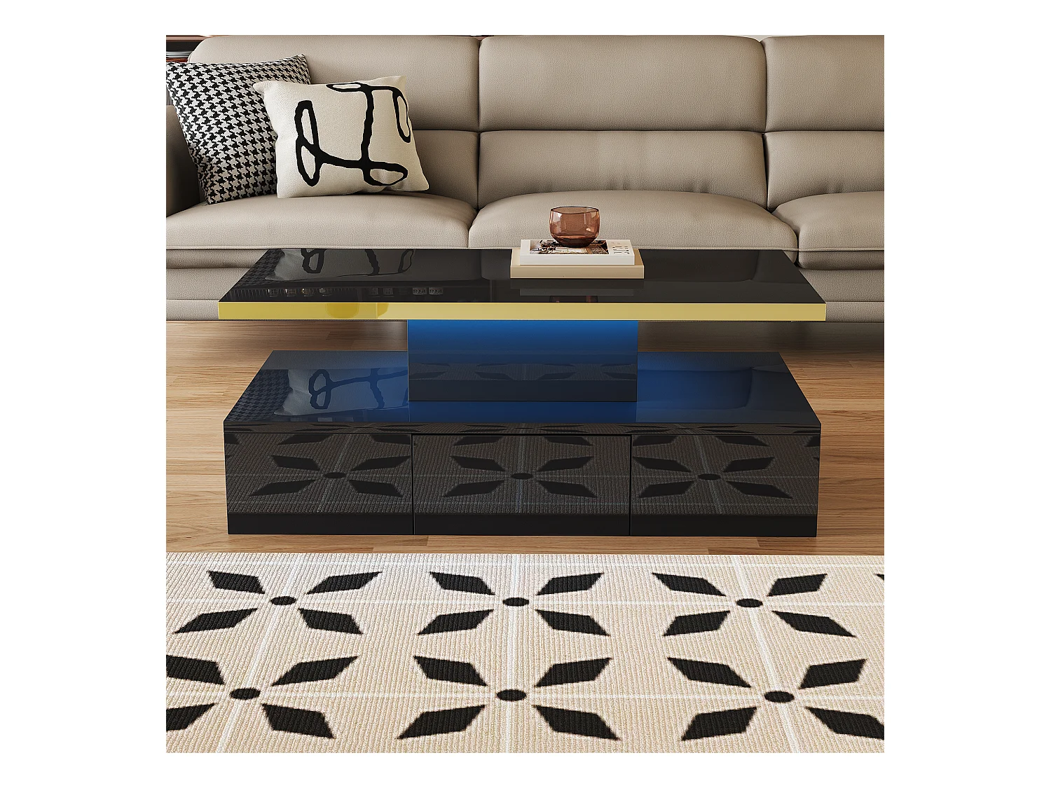 Table basse rectangle 100x50x38.5cm avec 1 tiroir et LED, Double plateau, corps en noir brillant