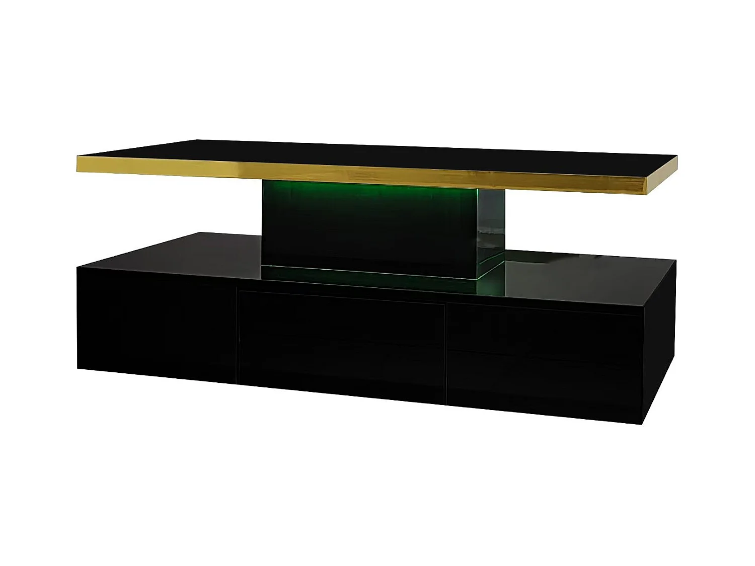 Table basse rectangle 100x50x38.5cm avec 1 tiroir et LED, Double plateau, corps en noir brillant