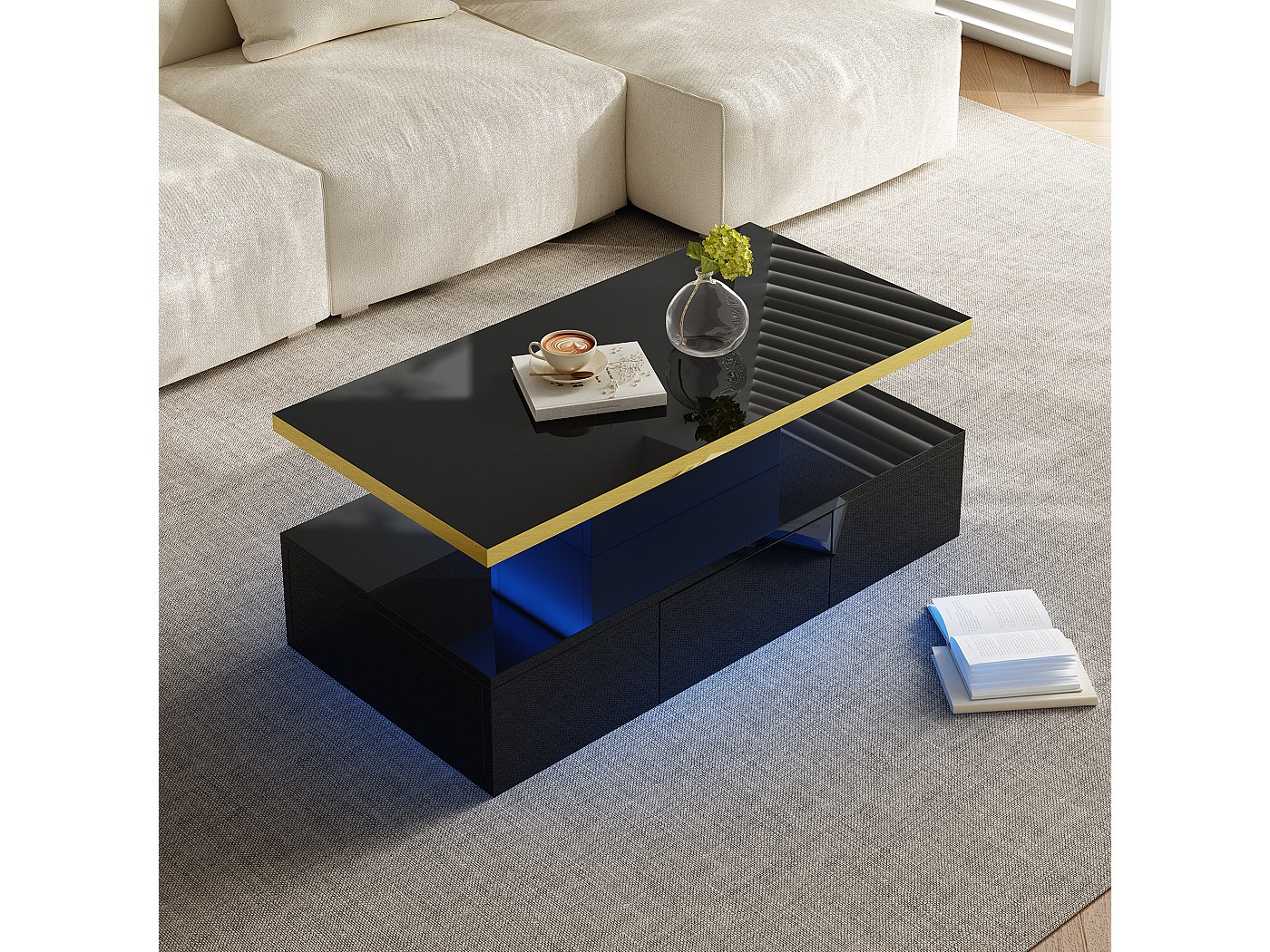 Table basse rectangle 100x50x38.5cm avec 1 tiroir et LED, Double ...
