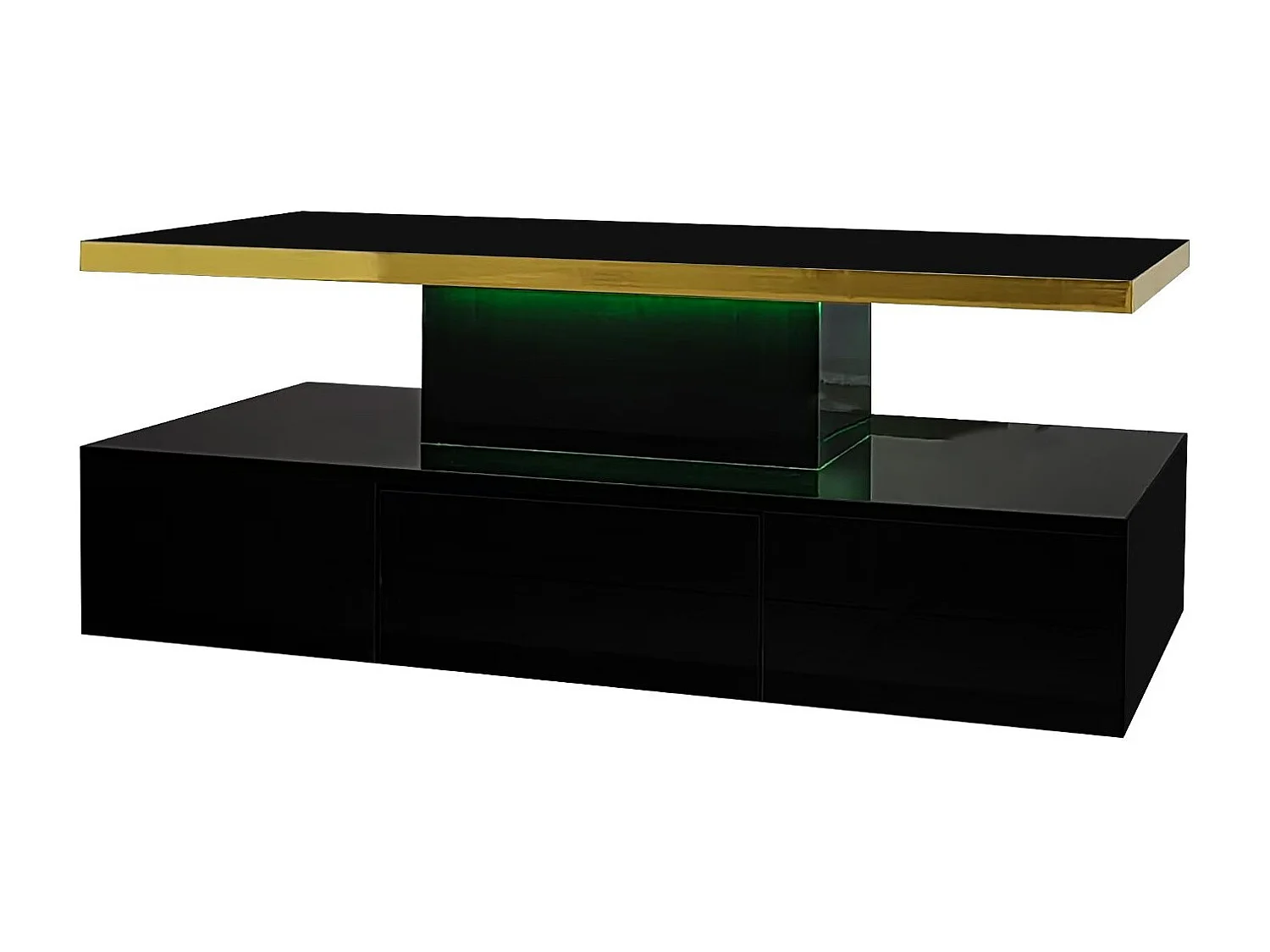 Tavolino rettangolare 100x50x38,5cm con 1 cassetto e LED, doppio piano, corpo in nero lucido