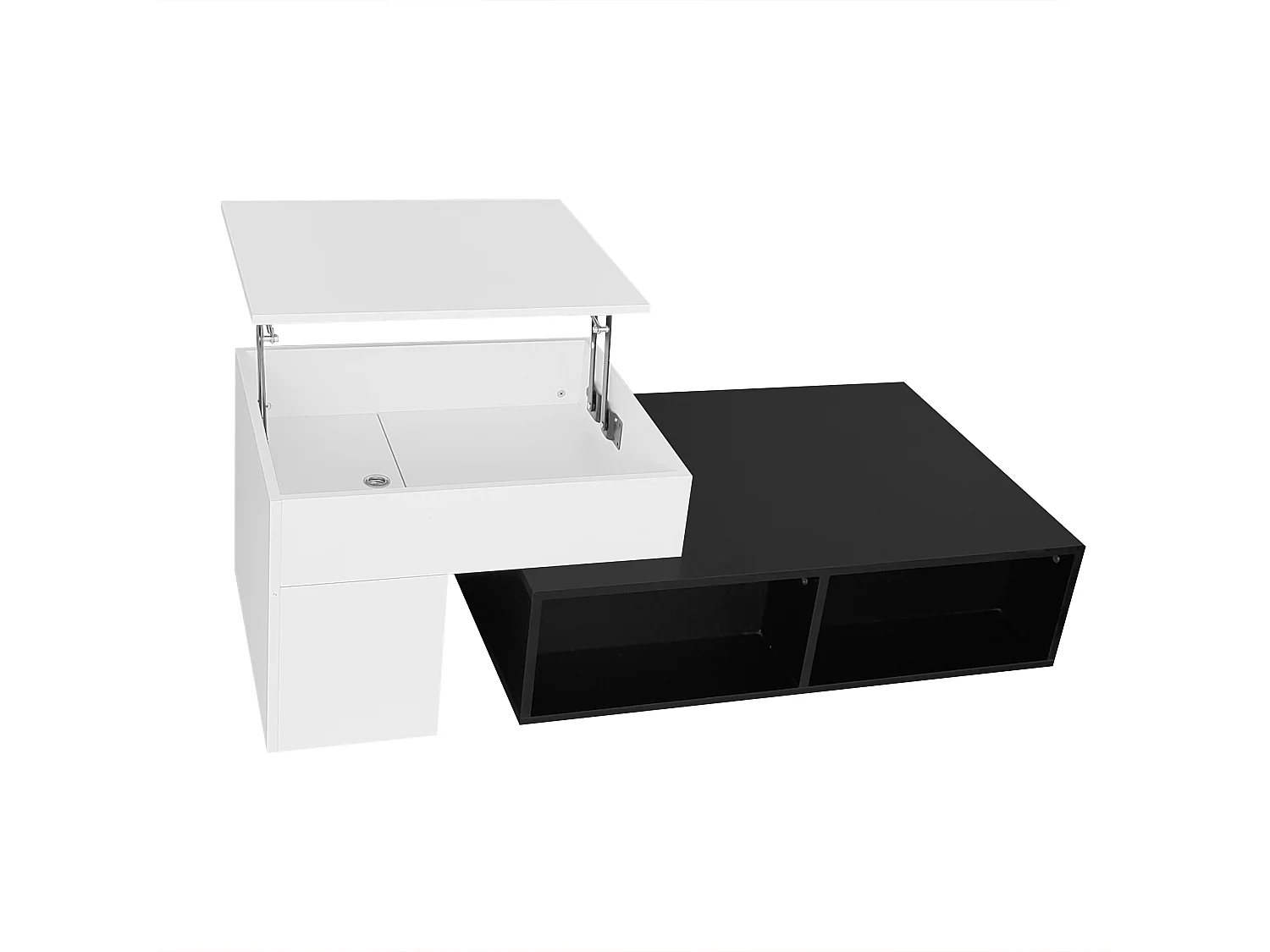 Table basse modulable 115x60x43cm avec plateau relevable, rangement intégré, blanc et noir