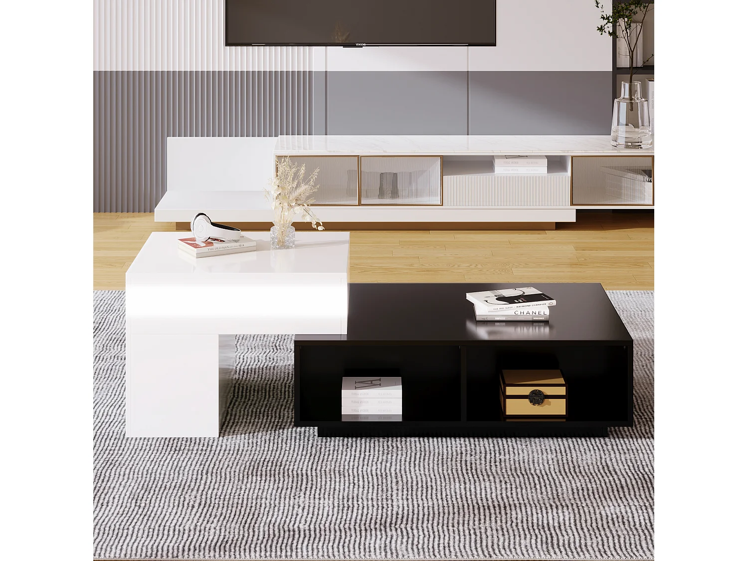 Table basse modulable 115x60x43cm avec plateau relevable, rangement intégré, blanc et noir