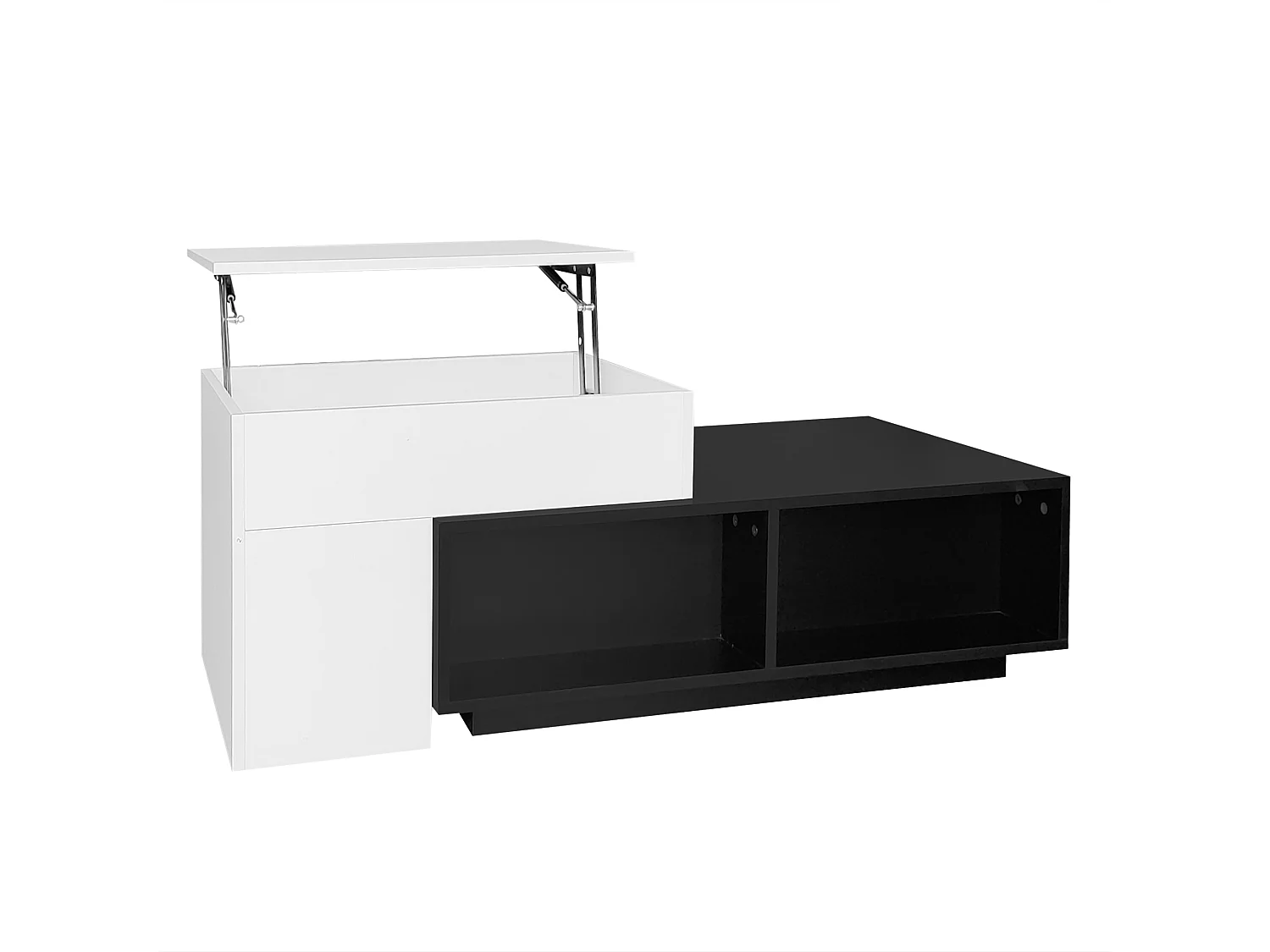 Table basse modulable 115x60x43cm avec plateau relevable, rangement intégré, blanc et noir