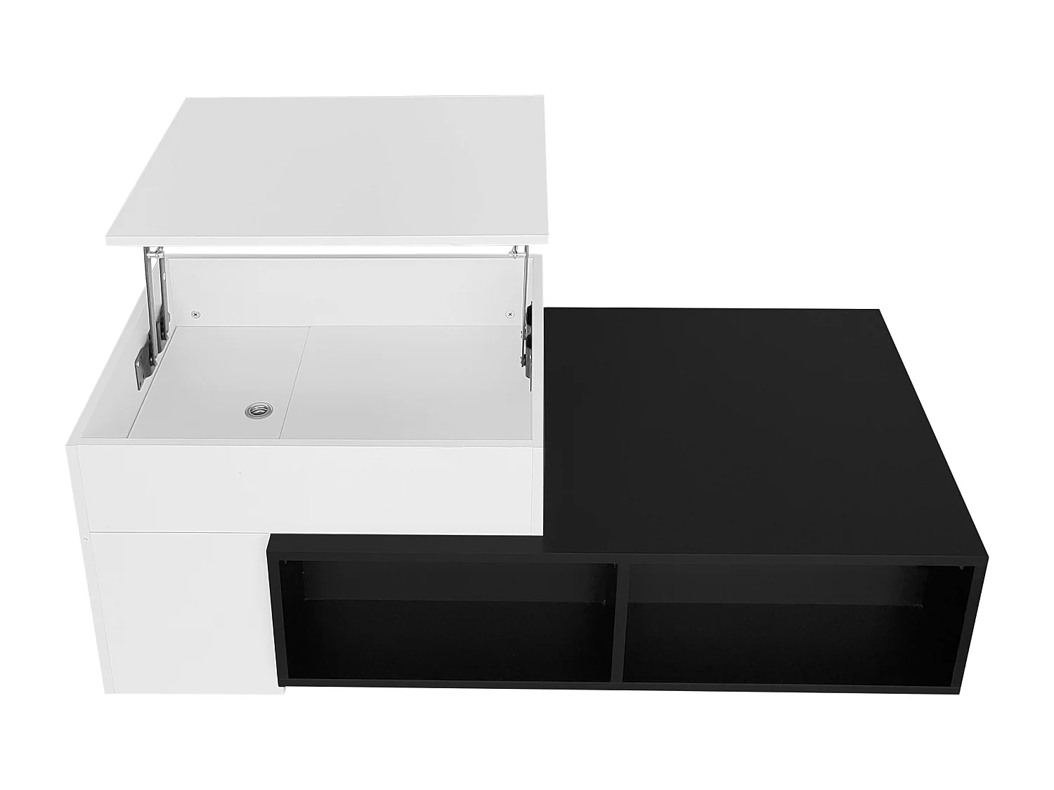 Table basse modulable 115x60x43cm avec plateau relevable, rangement intégré, blanc et noir