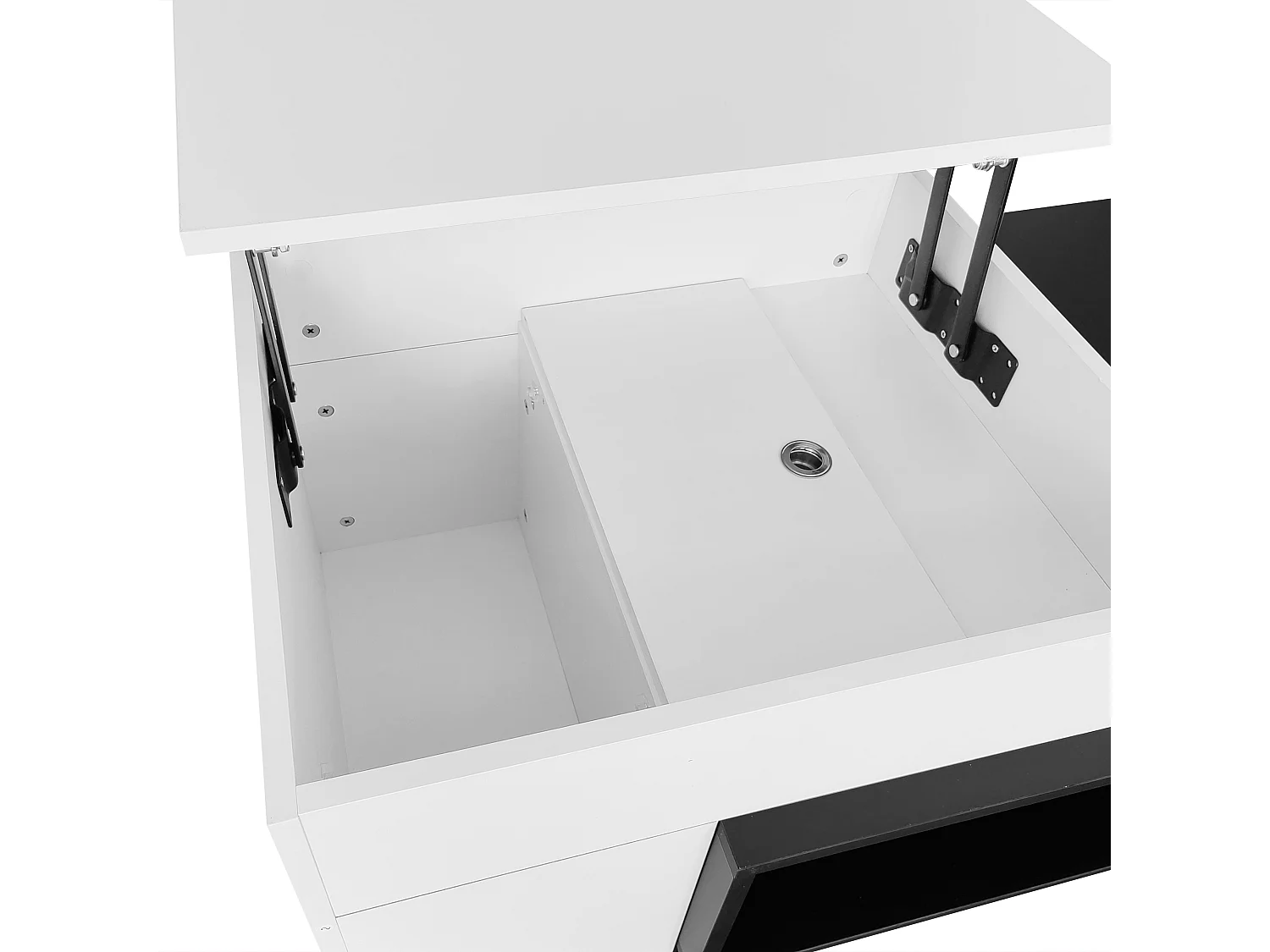 Table basse modulable 115x60x43cm avec plateau relevable, rangement intégré, blanc et noir
