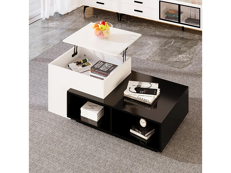 Table basse modulable 115x60x43cm avec plateau relevable, rangement intégré, blanc et noir