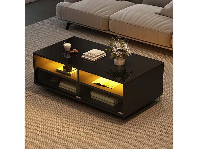 Rechthoekige salontafel 94x50x34cm met 2 lades, LED inbegrepen, onderstel in glanzend zwarte lak