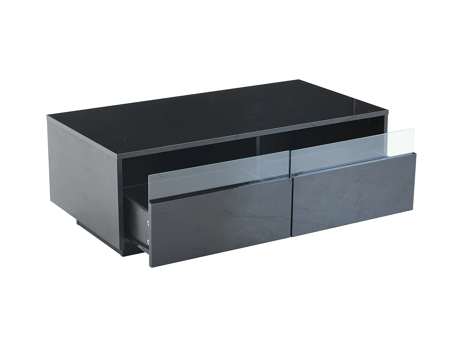 Table basse rectangle 94x50x34cm avec 2 tiroirs, LED inclus, corps en noir laqué brillant