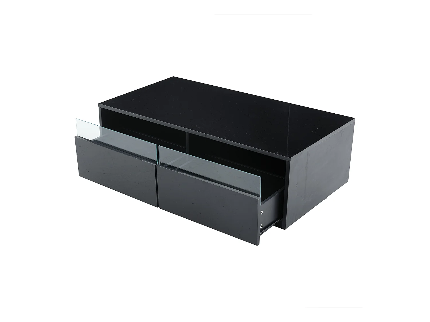 Table basse rectangle 94x50x34cm avec 2 tiroirs, LED inclus, corps en noir laqué brillant