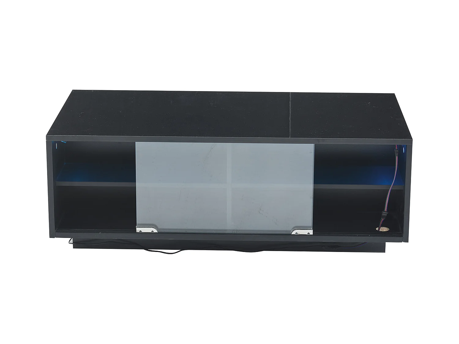 Table basse rectangle 94x50x34cm avec 2 tiroirs, LED inclus, corps en noir laqué brillant
