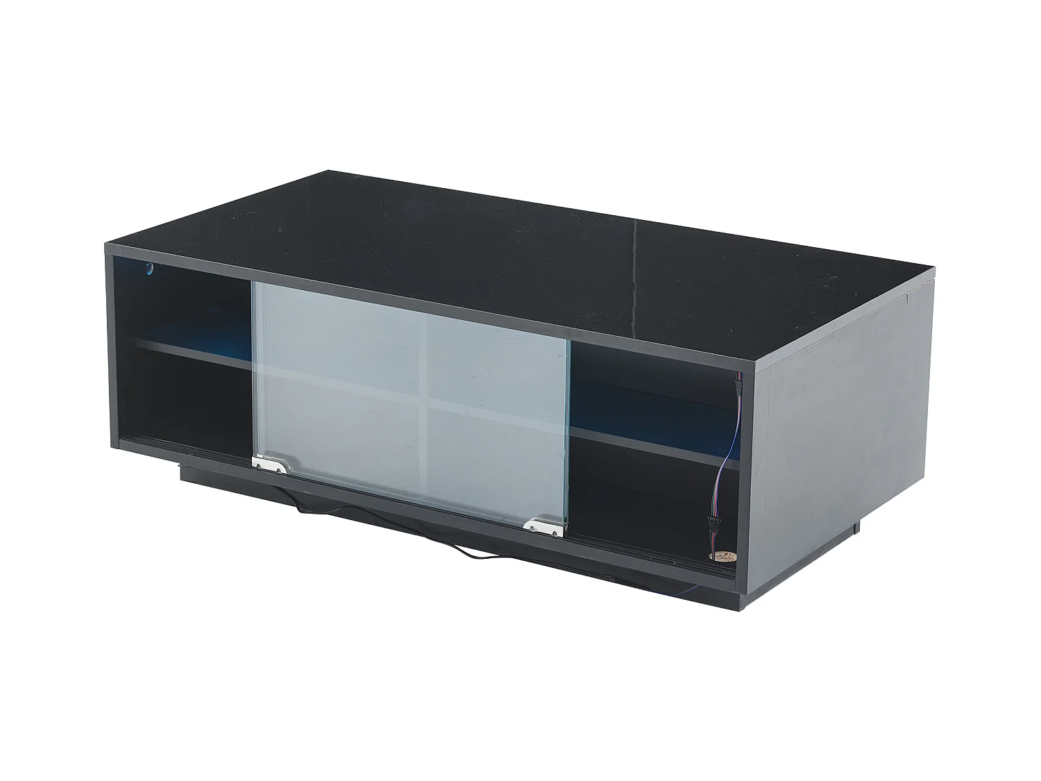 Table basse rectangle 94x50x34cm avec 2 tiroirs, LED inclus, corps en noir laqué brillant