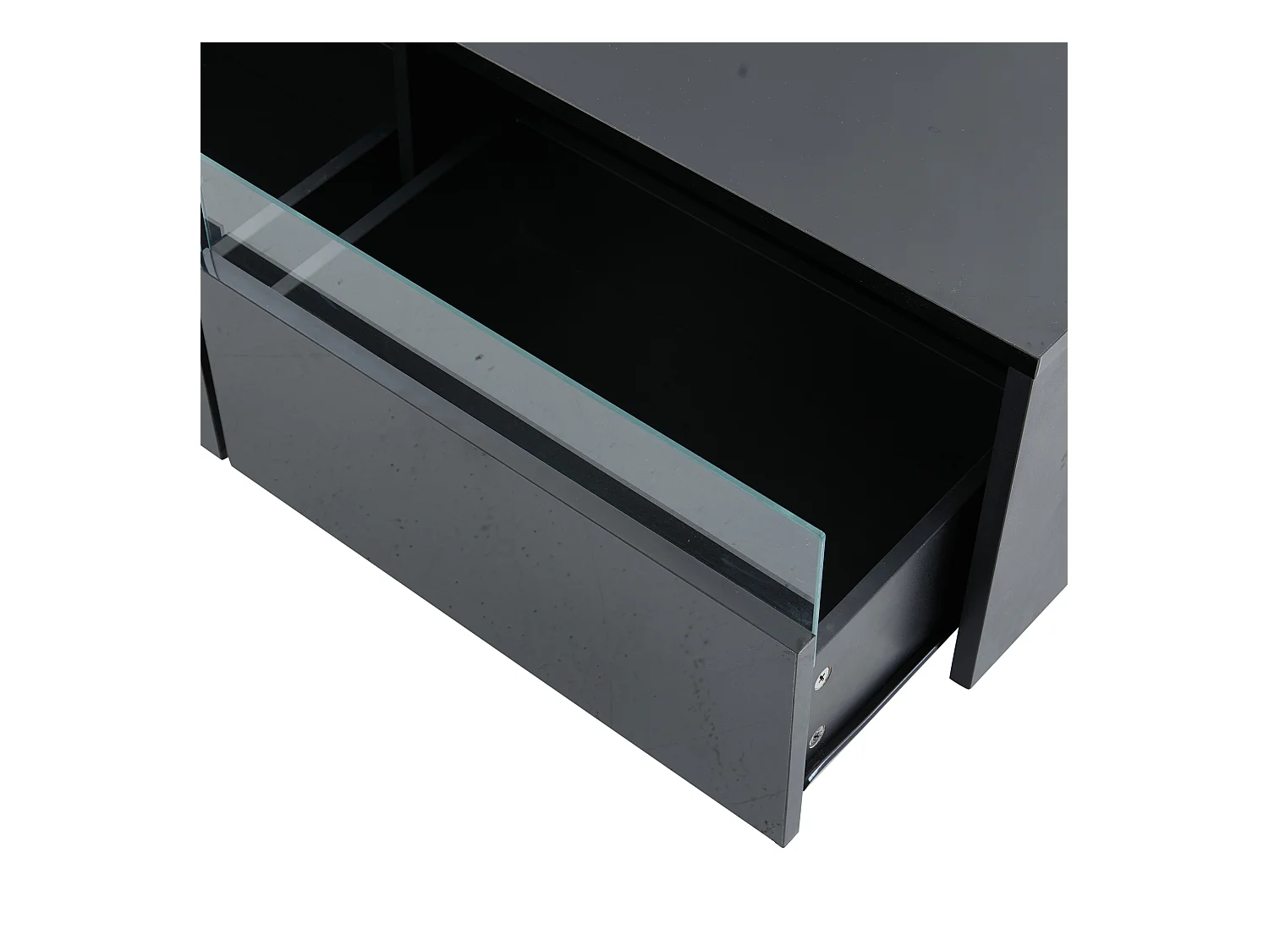 Table basse rectangle 94x50x34cm avec 2 tiroirs, LED inclus, corps en noir laqué brillant