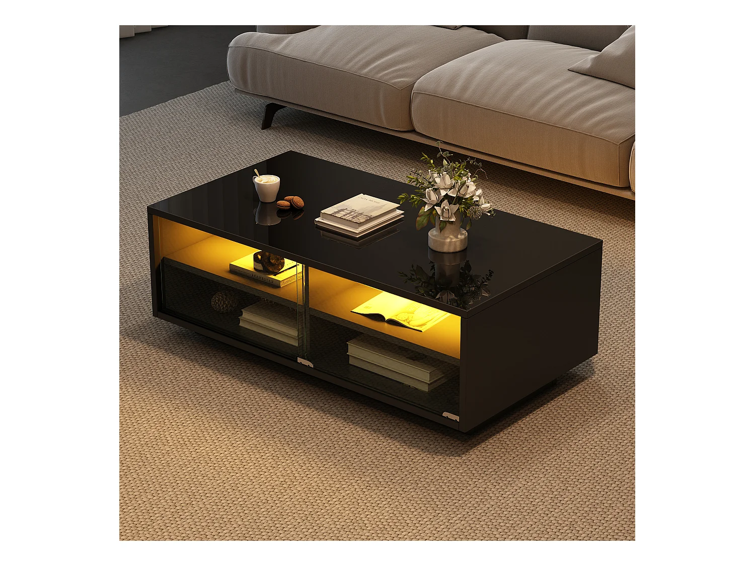 Mesa de centro rectangular 94x50x34cm con 2 cajones, LED incluido, cuerpo en lacado negro brillo