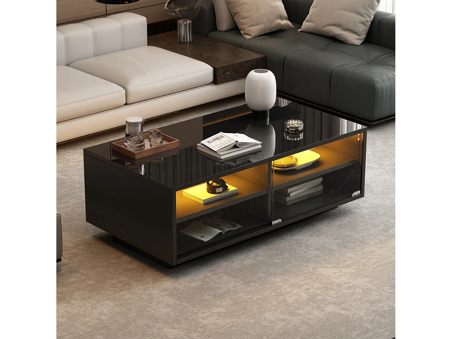 Table basse rectangle 94x50x34cm avec 2 tiroirs, LED inclus, corps en noir laqué brillant