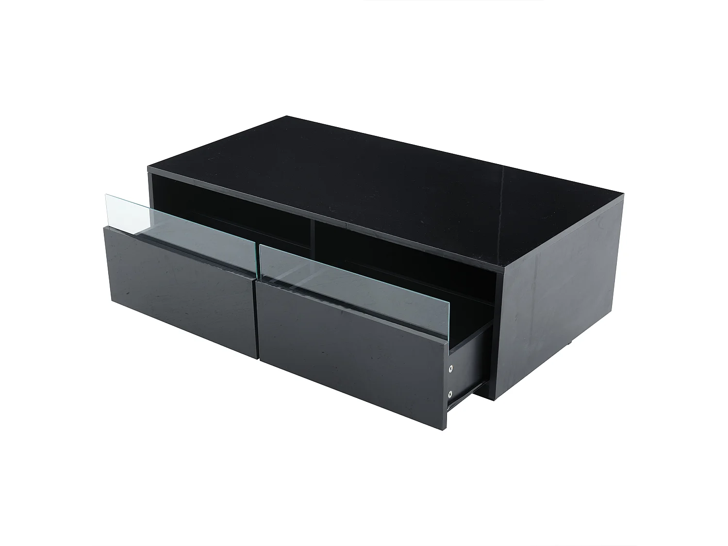 Table basse rectangle 94x50x34cm avec 2 tiroirs, LED inclus, corps en noir laqué brillant