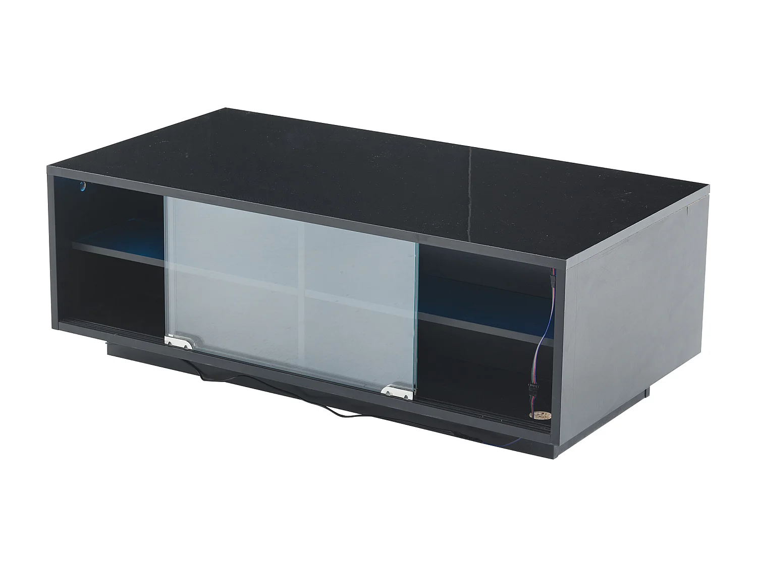 Table basse rectangle 94x50x34cm avec 2 tiroirs, LED inclus, corps en noir laqué brillant
