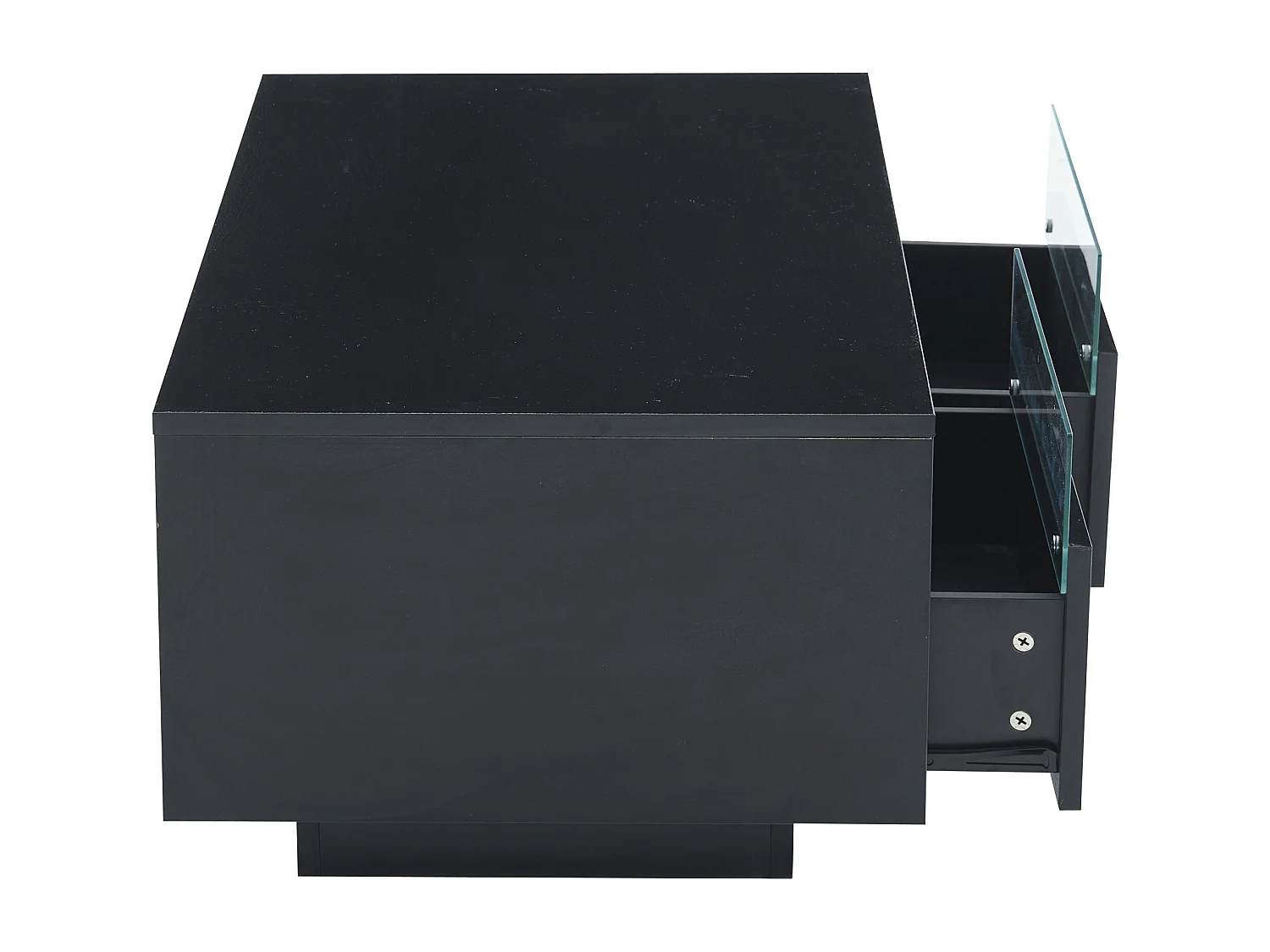 Table basse rectangle 94x50x34cm avec 2 tiroirs, LED inclus, corps en noir laqué brillant
