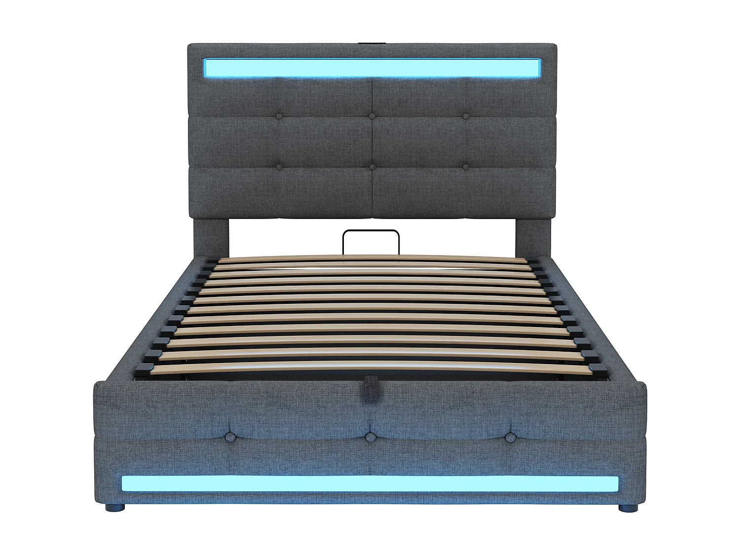 lit coffre enfant 90x200cm avec LED et USB, tête de lit réglable en hauteur, tissu en lin gris, sans matelas