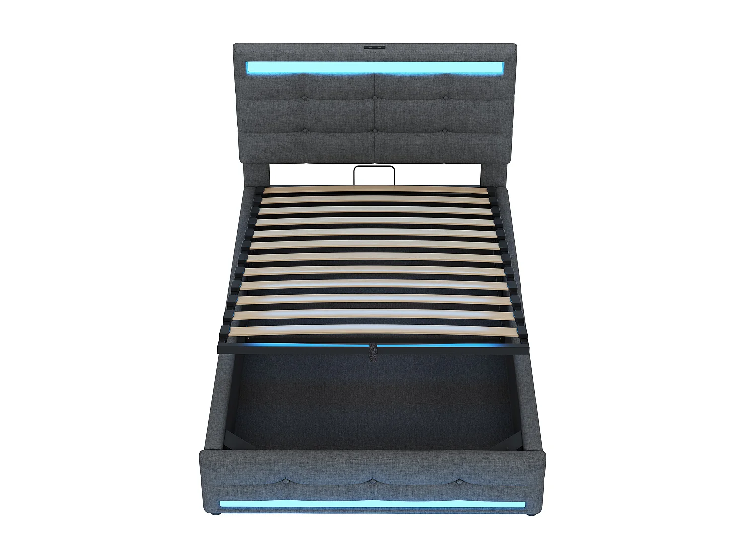 lit coffre enfant 90x200cm avec LED et USB, tête de lit réglable en hauteur, tissu en lin gris, sans matelas