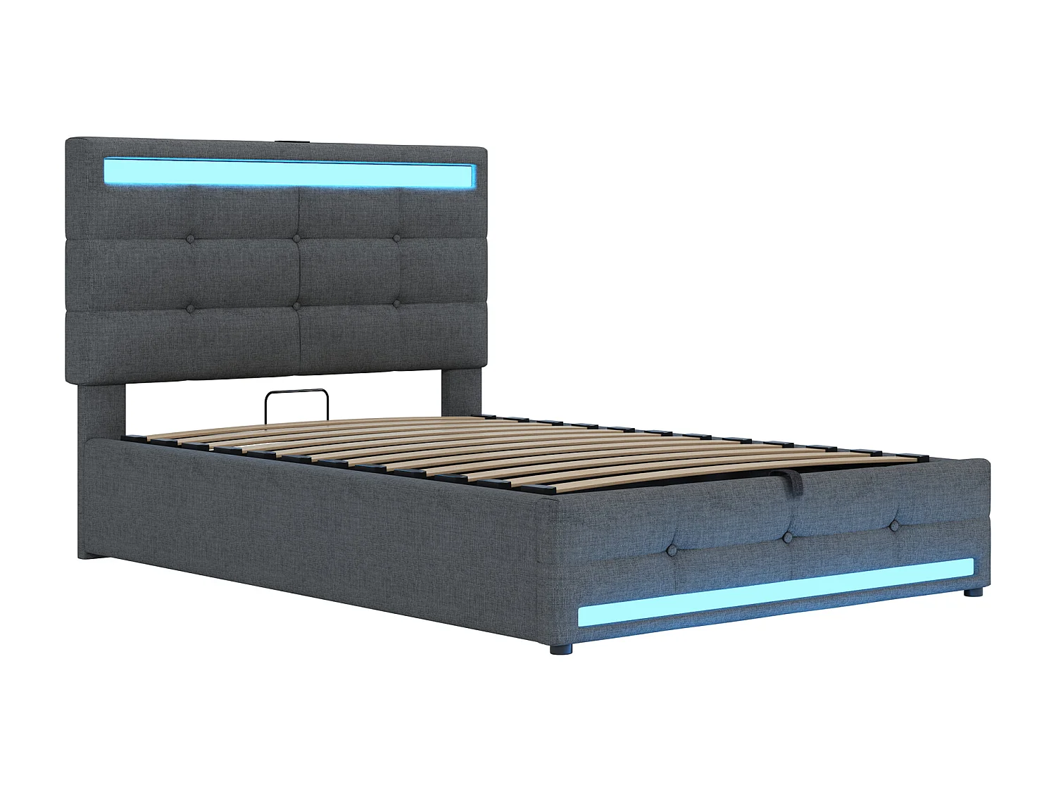 lit coffre enfant 90x200cm avec LED et USB, tête de lit réglable en hauteur, tissu en lin gris, sans matelas