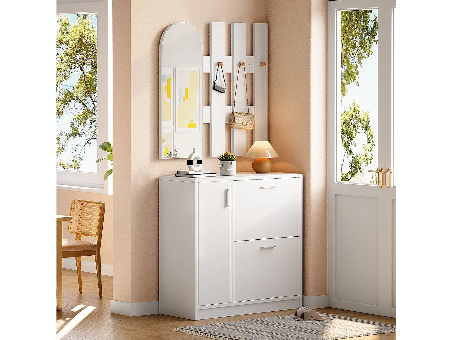 Meuble à Chaussures 80x35x80cm avec portes Rabattables, Miroir et crochets, corps en Blanc Brillant