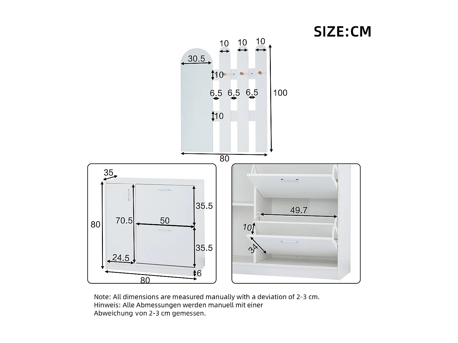 Meuble à Chaussures 80x35x80cm avec portes Rabattables, Miroir et crochets, corps en Blanc Brillant